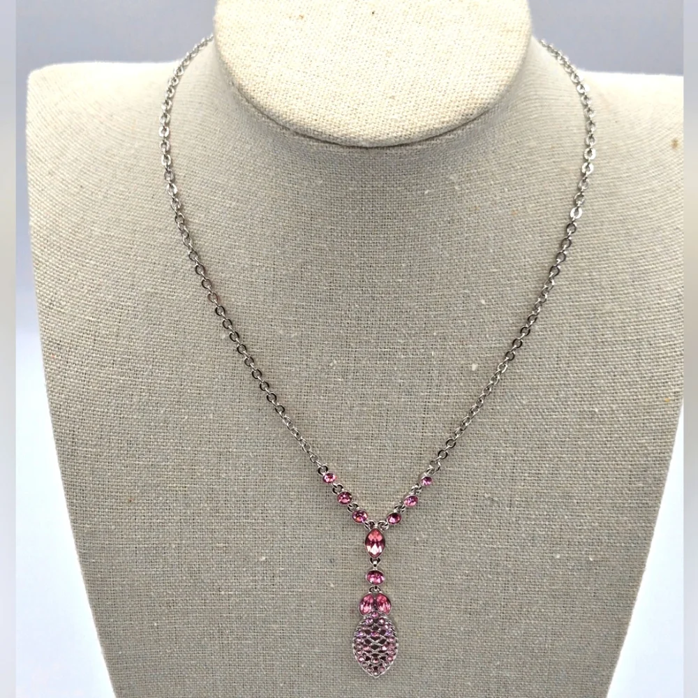 GIVENCHY Vintage Silver Tone Necklace Pink Crystal Pendant - Picture 3 of 8